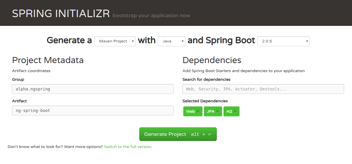 spring-initializer-page with project details